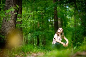 A person sitting in the forest observing tall trees